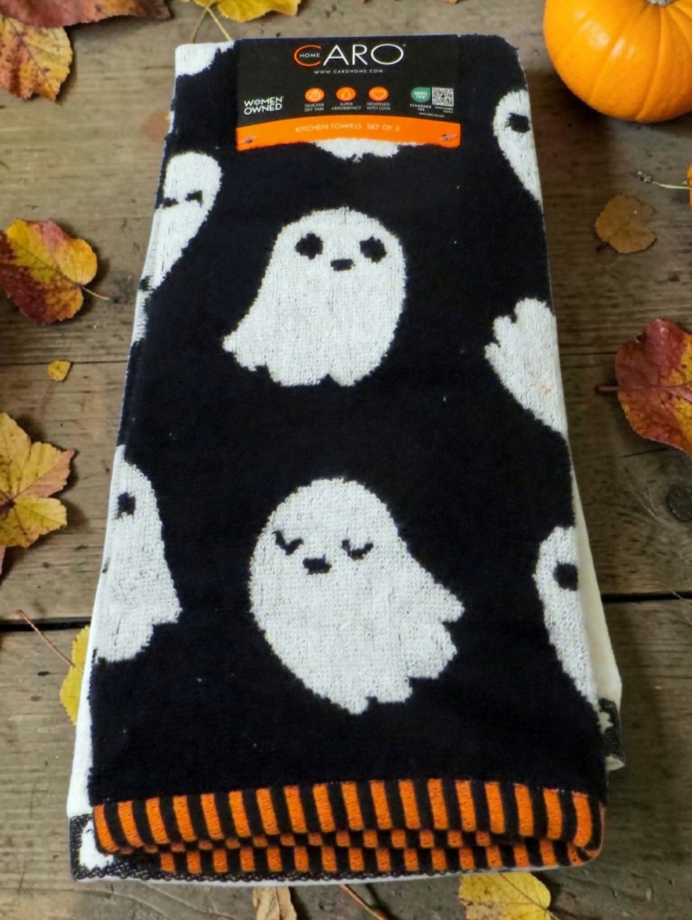 Caro Home Ghosts Halloween Black Orange White Kitchen Hand Towels Set Of 2 New